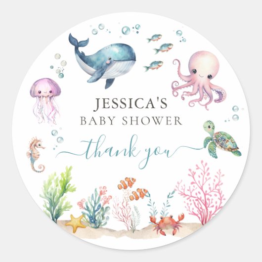 Waterverf onder het Zee Baby shower Dank u Ronde Sticker (Voorkant)