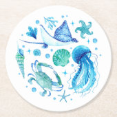 Waterverf Onder het Zee Blue Jellyfish, Zee Shell Ronde Kartonnen Onderzetter (Voorkant)