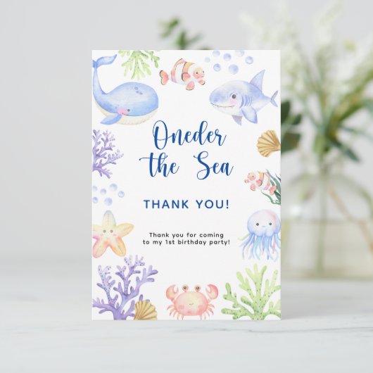 Waterverf onder het zee eerste verjaardagsfeestje bedankkaart (Staand voorkant)