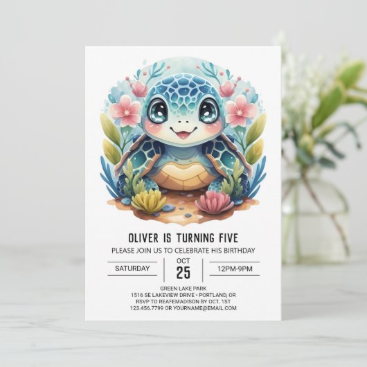 Waterverf Onder het Zee Kinder Turtle Boy Verjaard Kaart (Staand voorkant)