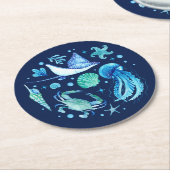 Waterverf Onder het Zee kwallen, Zee Shell Navy Ronde Kartonnen Onderzetter (Gebogen)