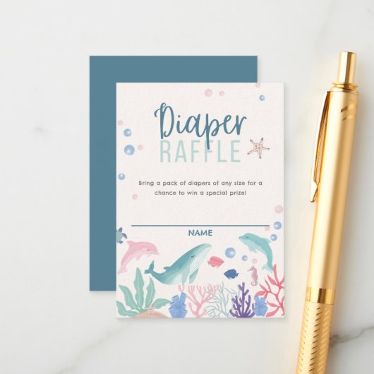 Waterverf Onder het Zee Luier Raffle Baby shower Informatiekaartje (Voorkant / Achterkant in situ)