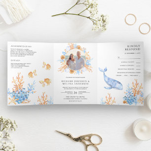 Waterverf Onder het Zee nautische thema bruiloft Drieluik Uitnodiging