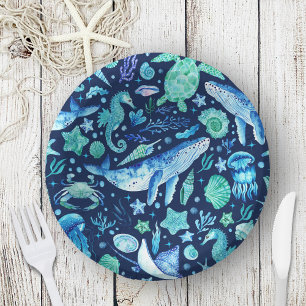 Waterverf onder het Zee Ocean Animals Navy Blue Papieren Kommen