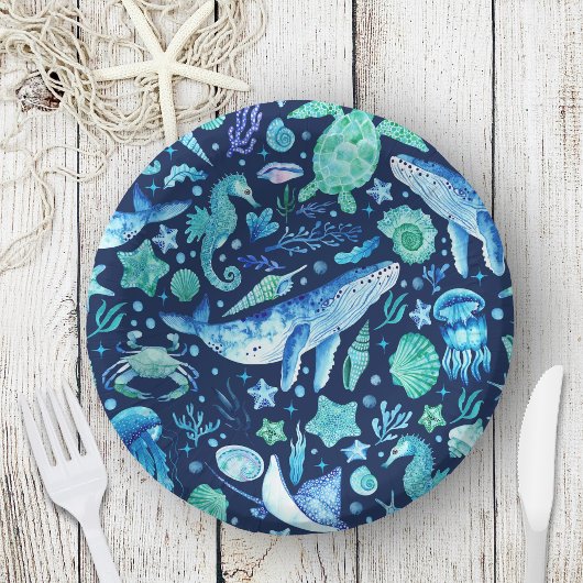 Waterverf onder het Zee Ocean Animals Navy Blue Papieren Kommen