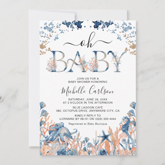 Waterverf onder het Zee "Oh Baby" Baby shower Kaart (Voorkant)