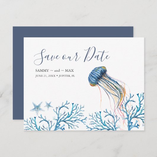 Waterverf onder het Zee sparen de Datum Save The Date (Voorkant / Achterkant)