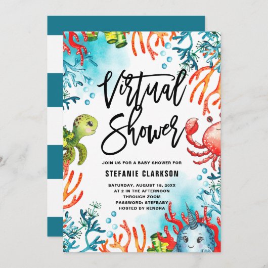 Waterverf onder Zee Virtueel Baby shower Kaart (Voorkant / Achterkant)