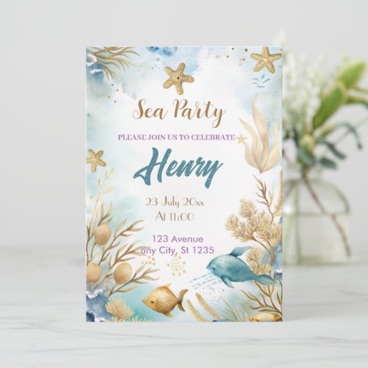 waterverf onderwater gouden verjaardagsfeestje kaart (Staand voorkant)