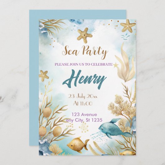 waterverf onderwater gouden verjaardagsfeestje kaart (Voorkant / Achterkant)