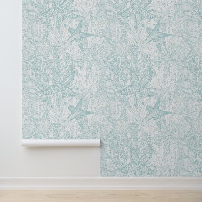 Waterverf Onderwater Planten Zeesterren Aqua Kust Behang (Applicatie)