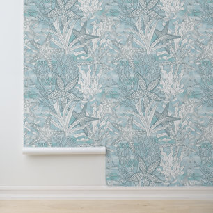 Waterverf Onderwater Planten Zeesterren Blauwe Kus Behang