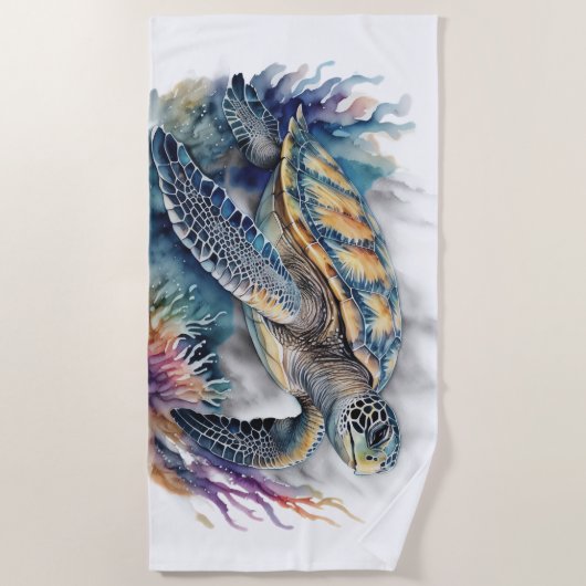 Waterverf Onderwater Reef Scene Zee Schildpad Strandlaken (Voorkant)