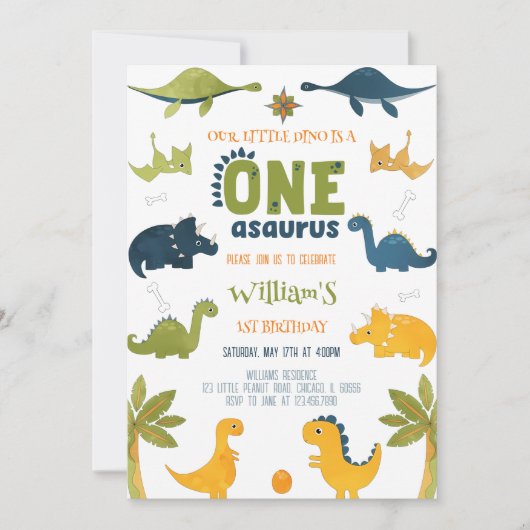 Waterverf One-A-Saurus Dinosaurus 1e Verjaardag Kaart (Voorkant)