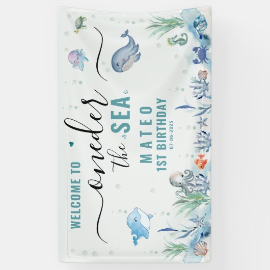 Waterverf One-der Het zee 1e verjaardag Welkom Spandoek (Verticaal)