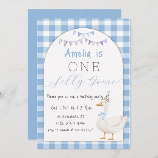 Waterverf One Gekke Goose Gingham 1e verjaardag Kaart (Voorkant / Achterkant)