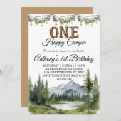 Waterverf One Happy Camper Mountain 1e verjaardag Kaart (Voorkant / Achterkant)