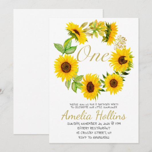 Waterverf ONE Zonnebloem Bloemen Verjaardagsfeest Kaart (Voorkant / Achterkant)