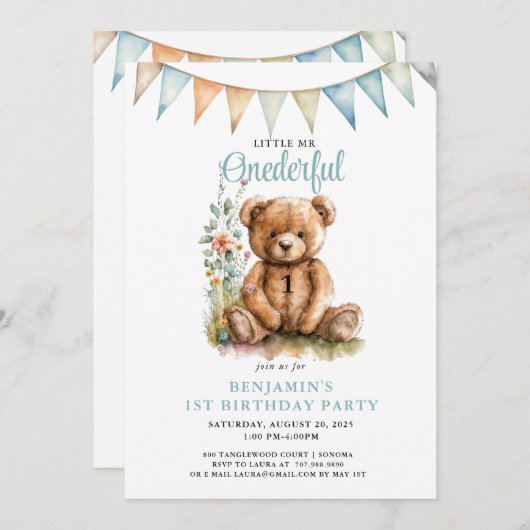 Waterverf Onederful Teddy Bear Boy 1e Verjaardag Kaart (Voorkant / Achterkant)