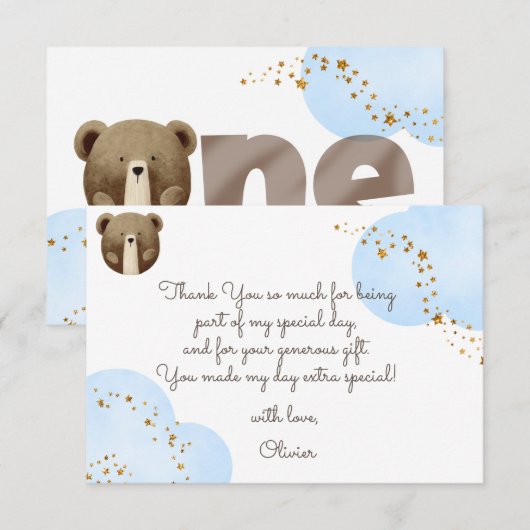 Waterverf Ons kleine beer is één baby verjaardag Bedankkaart (Voorkant / Achterkant)