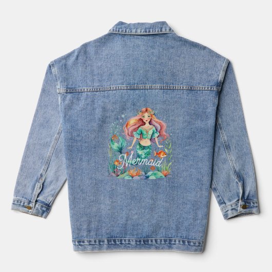waterverf ontwerp zeemeermin script denim jacket (Achterkant)
