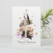 Waterverf Onze eerste getrouwde kerst drie foto Kaart (Staand voorkant)
