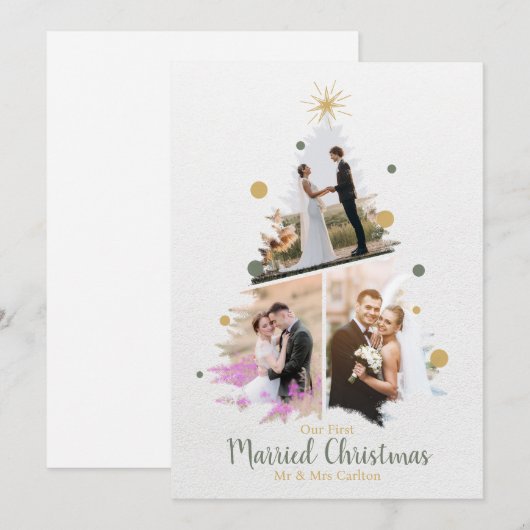 Waterverf Onze eerste getrouwde kerst drie foto Kaart (Voorkant / Achterkant)
