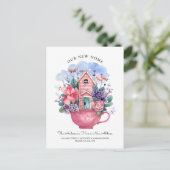 Waterverf Onze nieuwe Home Pink Tea Cup Floral Briefkaart (Staand voorkant)