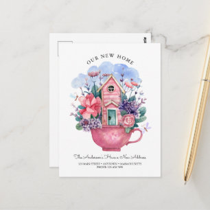 Waterverf Onze nieuwe Home Pink Tea Cup Floral Briefkaart