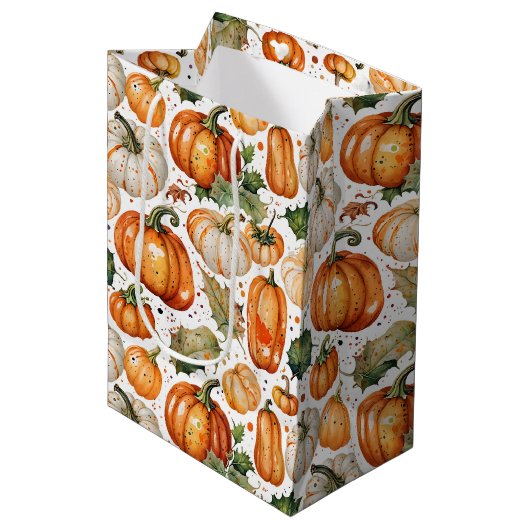 Waterverf Oogst Pompoen en Herfstblad Patroon Medium Cadeauzakje (Voorkant Gekanteld)