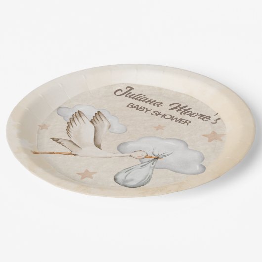 Waterverf Ooievaar Baby shower Papieren Bordje (Gekanteld)