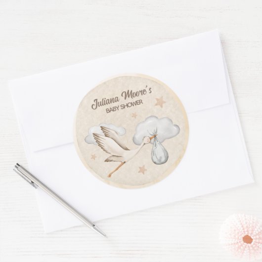 Waterverf Ooievaar Baby shower Ronde Sticker (Envelop)
