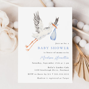 Waterverf Ooievaar Blauwe Jongen Baby Shower Uitno Kaart