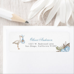 waterverf Ooievaar bloem jongen Baby Shower adresl Etiket