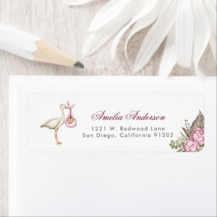 waterverf Ooievaar bloemengar girl Baby Shower adr Etiket