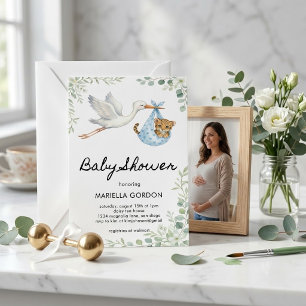 Waterverf Ooievaar Luipaard Groene Baby Jongen Kaart