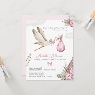 Waterverf Ooievaar Meisje Roze Baby Shower Uitnodi Kaart