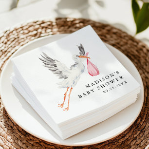 Waterverf Ooievaar Roze Meisje Baby Shower Servet