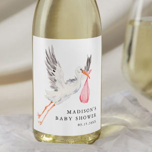 Waterverf Ooievaar Roze Meisje Baby Shower Wijn Etiket