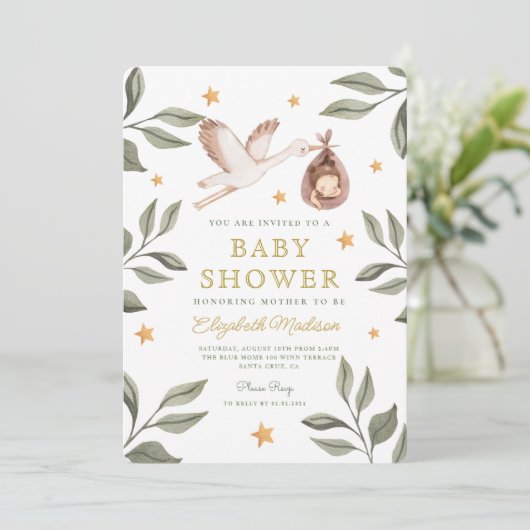 Waterverf ooievaar sterren groen Baby shower Kaart (Staand voorkant)