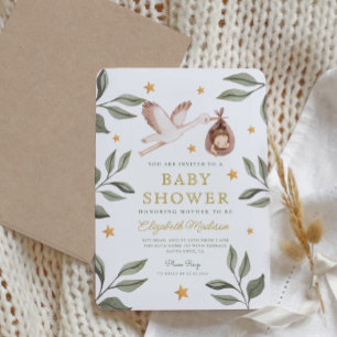 Waterverf ooievaar sterren groen Baby shower Kaart