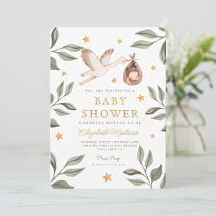 Waterverf ooievaar sterren groen Baby shower Kaart