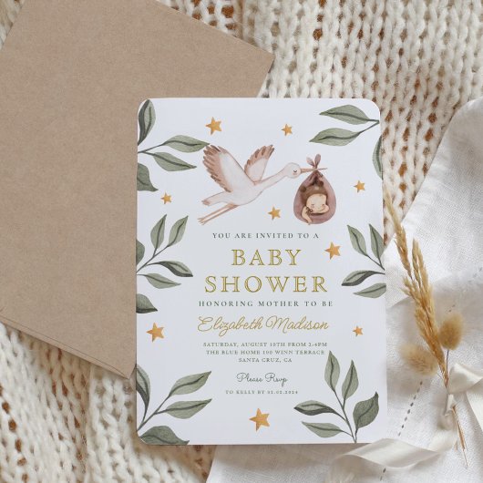 Waterverf ooievaar sterren groen Baby shower Kaart