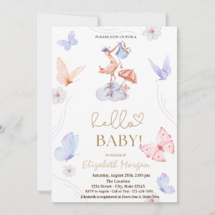 Waterverf Ooievaar Vlinder Stippen Baby Shower Kaart