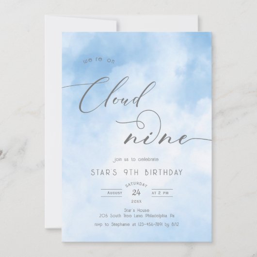 Waterverf op Cloud 9 9th Birthday Invitation Kaart (Voorkant)