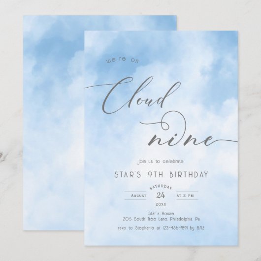 Waterverf op Cloud 9 9th Birthday Invitation Kaart (Voorkant / Achterkant)