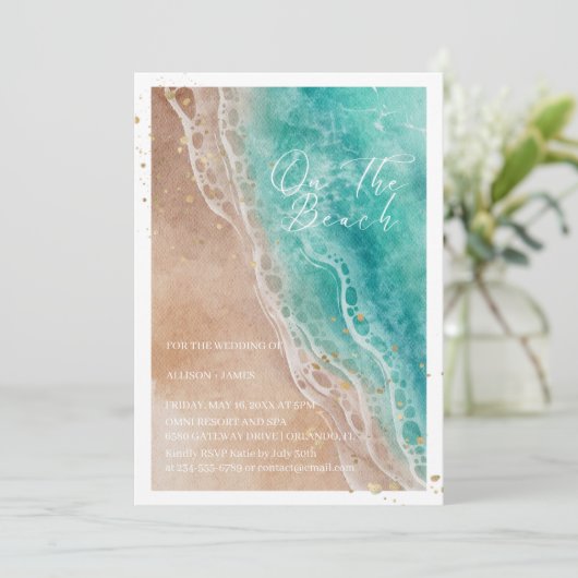 Waterverf op de strand bruiloft kaart (Staand voorkant)