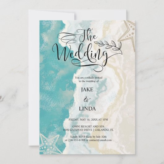 Waterverf op het strand golven bruiloft kaart (Voorkant)