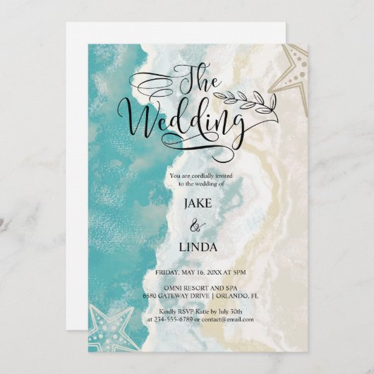 Waterverf op het strand golven bruiloft kaart (Voorkant / Achterkant)