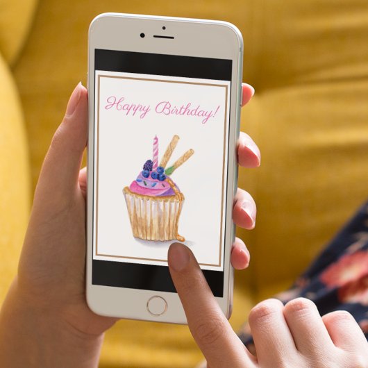 Waterverf op zaterdag Berry Cupcake met kaars Kaart